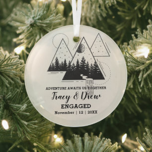 Christmas Rustic Pine Trees Couple Engaged Black Glass Ornament
