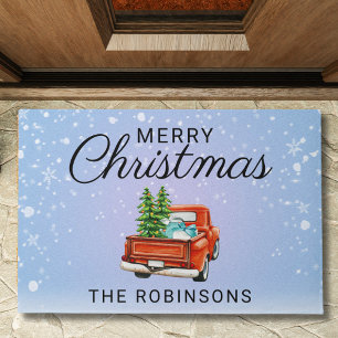 Christmas Rustic Red Truck Family Name Holiday Doormat