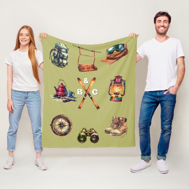 Christmas Rustic Ski Couple Initial Outdoor Olive Fleece Blanket (In Situ)