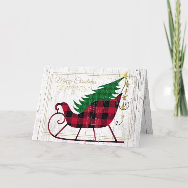 Christmas Rustic Sleigh Red Buffalo Plaid Holiday Card (Front)