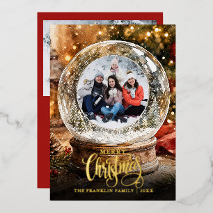 Christmas Rustic Snow Globe 2 Photo Foil Holiday Card