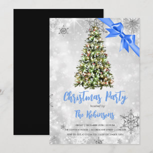 Christmas   Rustic Tree & Blue Ribbon Holiday Glam Invitation