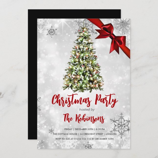 Christmas | Rustic Tree & Red Ribbon Holiday Glam  Invitation (Front/Back)