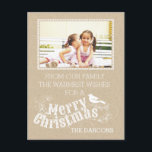 Christmas rustic typography vintage crafty photo holiday postcard<br><div class="desc">Rustic typography Merry Christmas holly berry vintage typography script style crafty holiday photo postcard featuring the text “Merry Christmas”, holly berry and a bird in white on PRINTED craft looking paper. This country, rustic elegant and stylish postcard with a modern flair is completely customizable. It is perfect for your Season’s...</div>