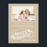 Christmas rustic typography vintage crafty photo holiday postcard<br><div class="desc">Rustic typography Merry Christmas holly berry vintage typography script style crafty holiday photo postcard featuring the text “Merry Christmas”, holly berry and a bird in white on PRINTED craft looking paper. This country, rustic elegant and stylish postcard with a modern flair is completely customizable. It is perfect for your Season’s...</div>