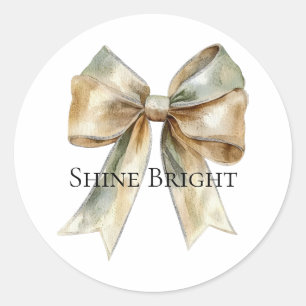 Christmas Rustic White Green Gold Bow Personalized Classic Round Sticker