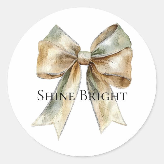 Christmas Rustic White Green Gold Bow Personalized Classic Round Sticker (Front)