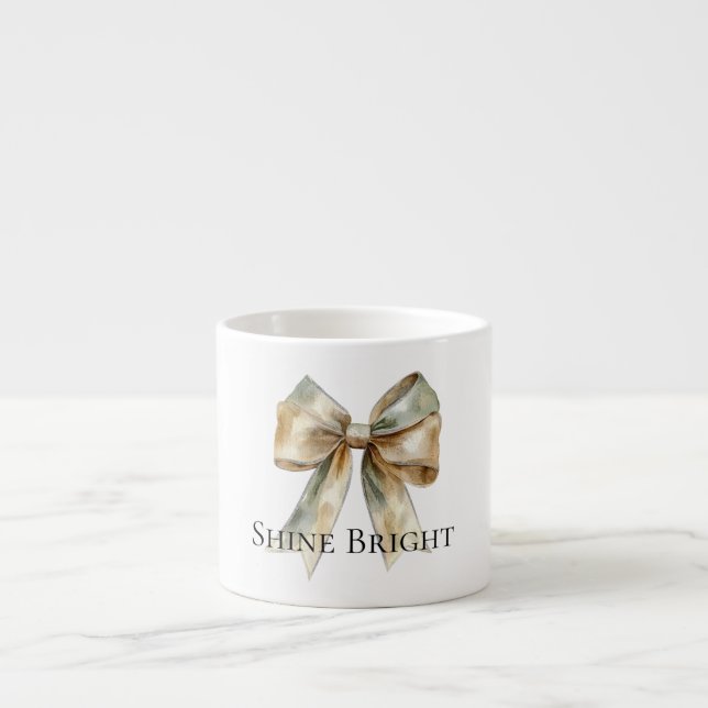 Christmas Rustic White Green Gold Bow Personalized Espresso Cup (Front)