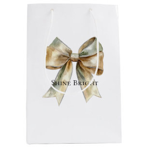 Christmas Rustic White Green Gold Bow Personalized Medium Gift Bag