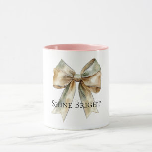 Christmas Rustic White Green Gold Bow Personalized Mug