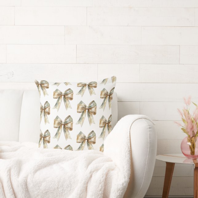 Christmas Rustic White Green Gold Bows  Throw Pillow (Couch)