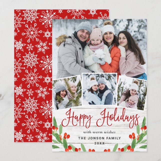 Christmas Rustic White Wood 4 PHOTO Greeting Holiday Card (Front/Back)