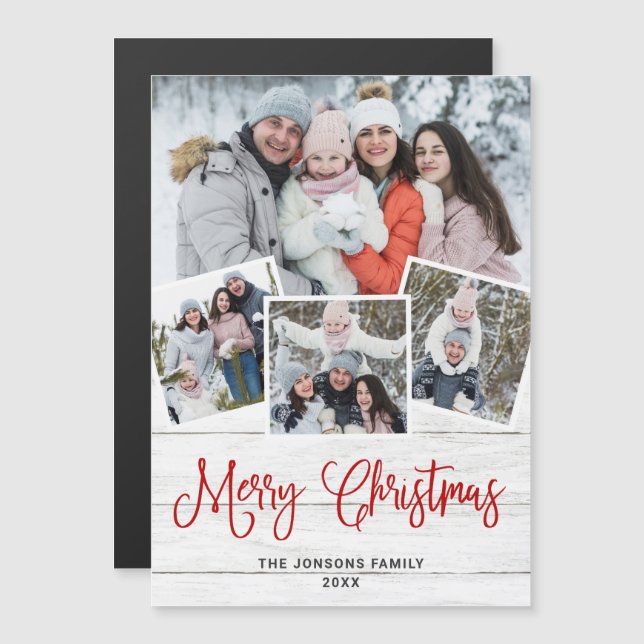 Christmas Rustic White Wood 4 PHOTO Magnetic Card (Front/Back)