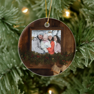 Christmas Rustic Winter Fireplace Photo Ceramic Ornament