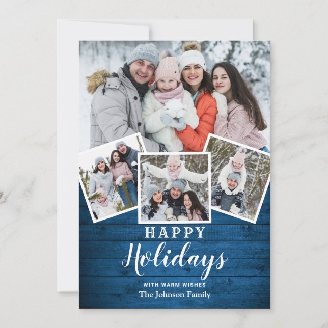 Christmas Rustic Wood 4 PHOTO Greeting Holiday Card (Front)