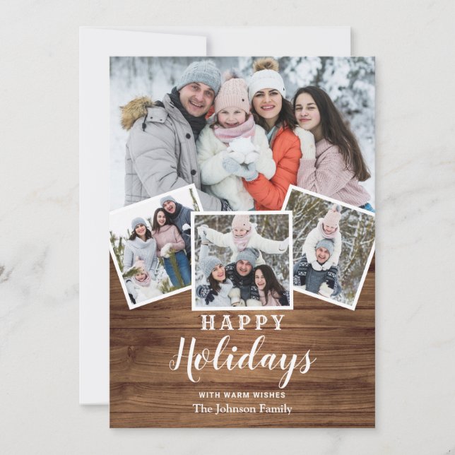 Christmas Rustic Wood 4 PHOTO Greeting Holiday Card (Front)