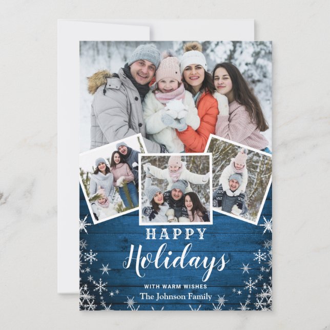 Christmas Rustic Wood 4 PHOTO Greeting Holiday Card (Front)