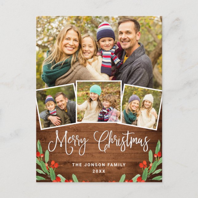 Christmas Rustic Wood 4 PHOTO Greeting Holiday Postcard (Front)