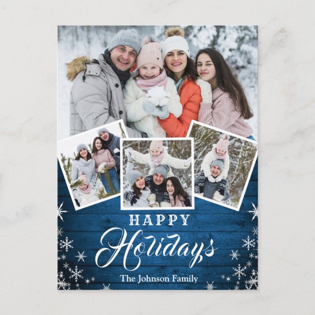 Christmas Rustic Wood 4 PHOTO Greeting Holiday Postcard (Front)