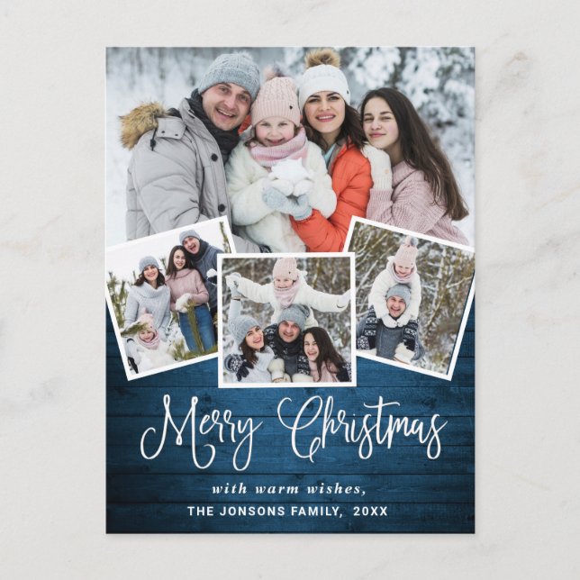 Christmas Rustic Wood 4 PHOTO Greeting Holiday Postcard (Front)