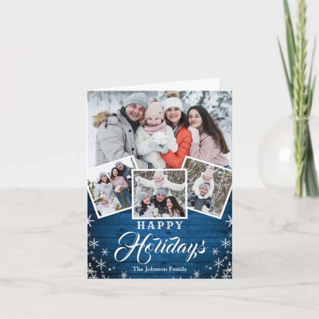 Christmas Rustic Wood 4 PHOTO Greeting QR code Holiday Card (Front)