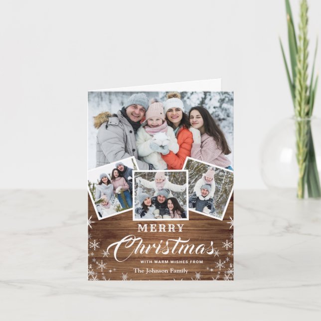 Christmas Rustic Wood 4 PHOTO Greeting QR code Holiday Card (Front)