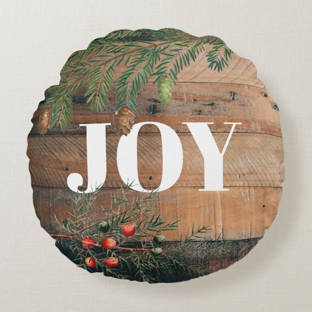 Christmas Rustic Wood Joy  Round Pillow (Front)
