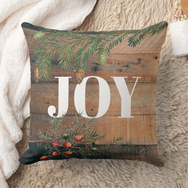 Christmas Rustic Wood Joy Throw Pillow (Blanket)
