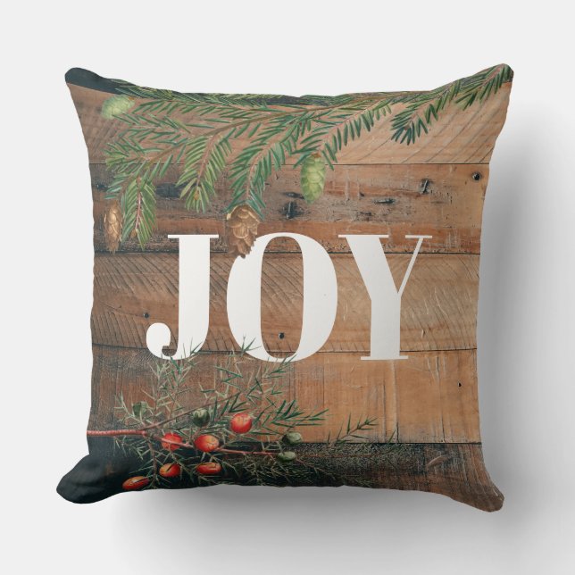 Christmas Rustic Wood Joy Throw Pillow (Front)