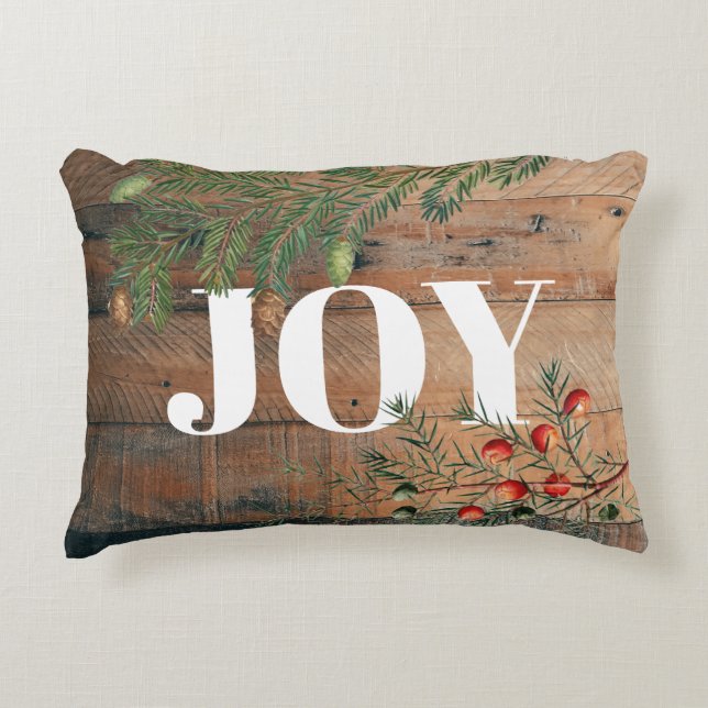 Christmas Rustic Wood Joy Xmas Accent Pillow (Front)
