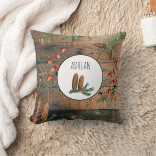 Christmas Rustic Wood Merry Christmas Custom Name Throw Pillow