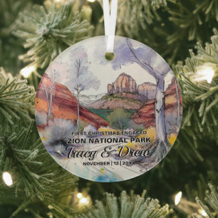 Christmas Rustic Zion National Park Engaged Couple Glass Ornament