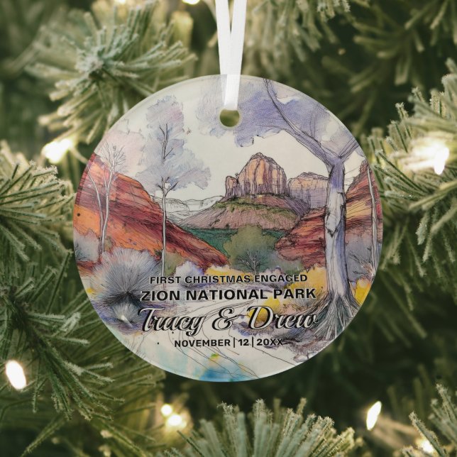 Christmas Rustic Zion National Park Engaged Couple Glass Ornament (Insitu)