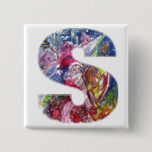 CHRISTMAS S LETTER  / SANTA  PLAYING HARP 2 INCH SQUARE BUTTON