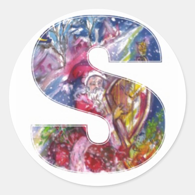 CHRISTMAS S LETTER  / SANTA  PLAYING HARP CLASSIC ROUND STICKER (Front)