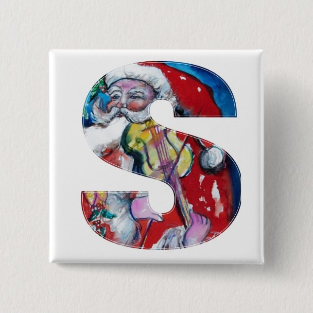 CHRISTMAS S LETTER / SANTA  WITH VIOLIN MONOGRAM 2 INCH SQUARE BUTTON (Front)
