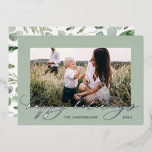 Christmas sage green 1 photo botanical script  foil holiday card<br><div class="desc">Modern minimal foliage wreath happy holidays silver effect script holiday Christmas card. Hand painted eucalyptus,  minimal foliage and modern rustic rattan wreath give this holiday card a luxurious feel. In classy greens,  browns and greys.</div>