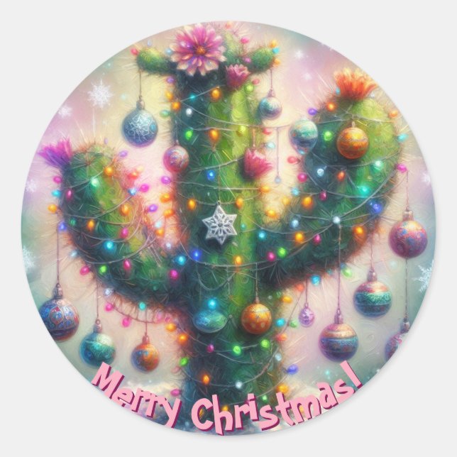 Christmas Saguaro Cactus Whimsical Snowflakes  Classic Round Sticker (Front)