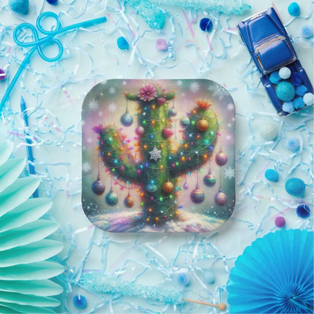 Christmas Saguaro Cactus Whimsical Snowflakes  Paper Plate (Party)