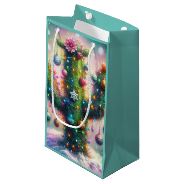Christmas Saguaro Cactus Whimsical Snowflakes  Small Gift Bag (Front Angled)