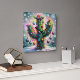 Christmas Saguaro Cactus Whimsical Snowflakes  Square Wall Clock
