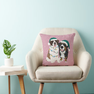 Christmas Saint Bernard and Bernese Mountain Dog Throw Pillow