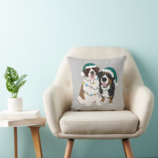 Christmas Saint Bernard and Bernese Mountain Dog Throw Pillow (Chair)