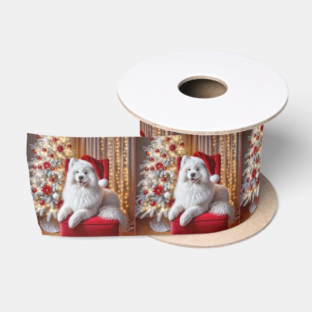 Christmas Samoyed Dog On a Red Chair Satin Ribbon (Spool)