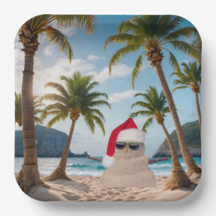 Christmas Sand Man On a Beach Paper Plate