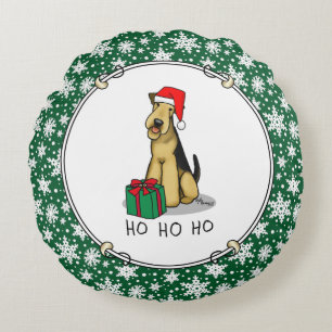 Christmas Santa Airedale Terrier HO HO HO Cute Round Pillow