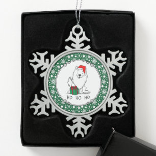 Christmas Santa American Eskimo Dog HO HO HO Cute Snowflake Pewter Christmas Ornament