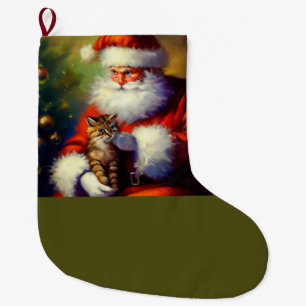 Christmas Santa and a Cat 1 Large Christmas Stocking