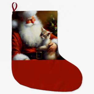 Christmas Santa and a Cat 3 Large Christmas Stocking