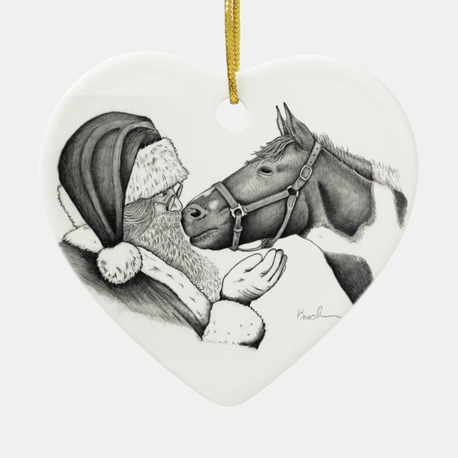 Christmas Santa and Paint Pinto Horse Ceramic Ornament (Front)